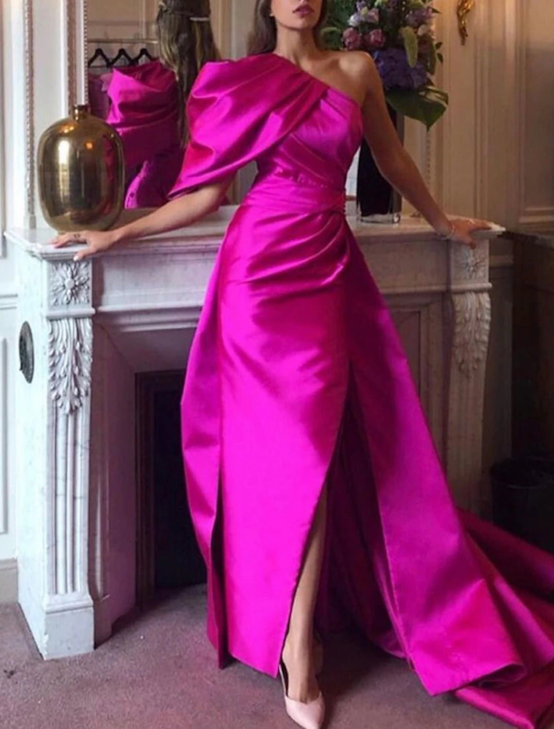 Mermaid Evening Gown Sexy Dress Summer Court Train Sleeveless One Shoulder Fall Wedding Reception Satin